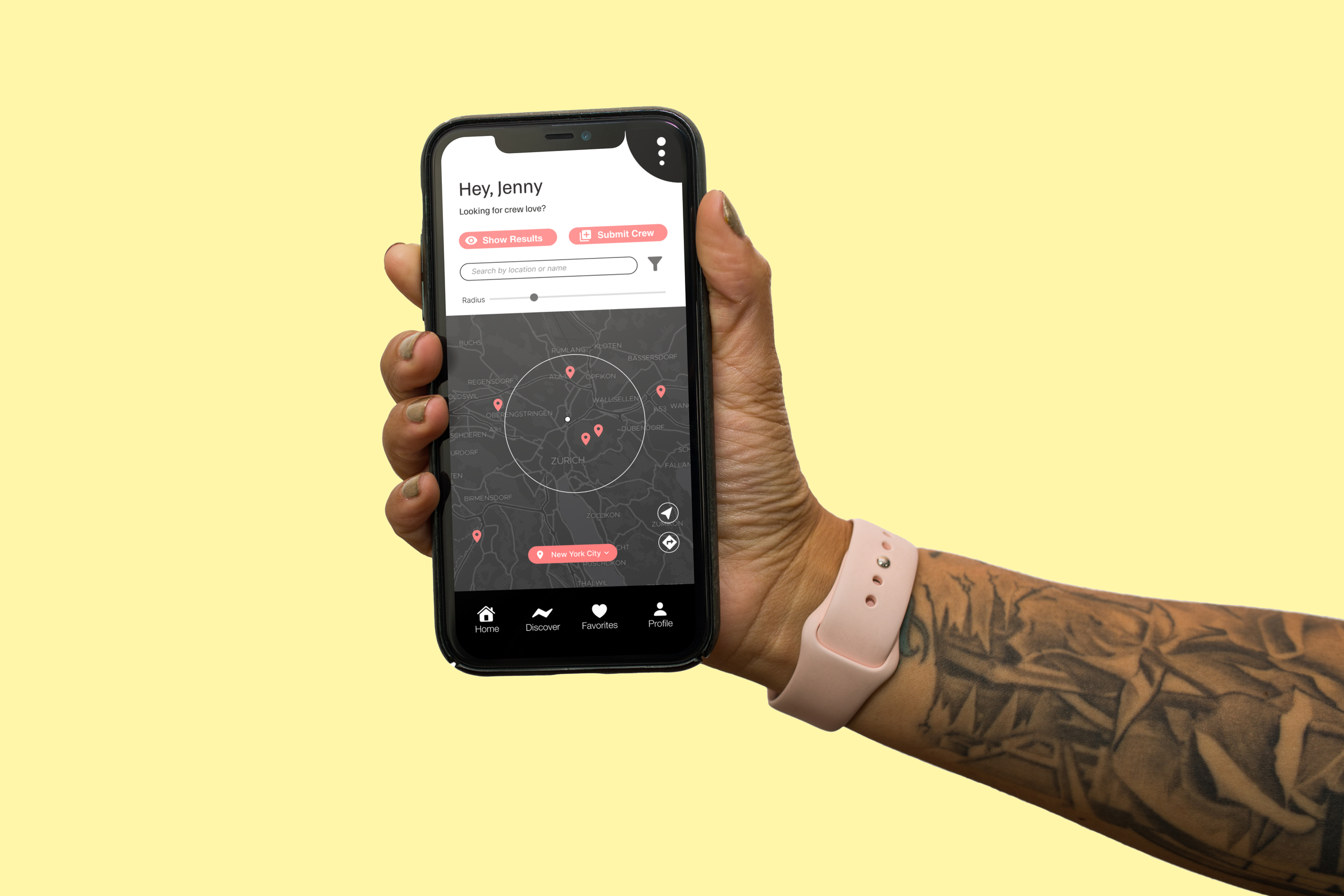 Hand holding phone with the Run Crew app mockup